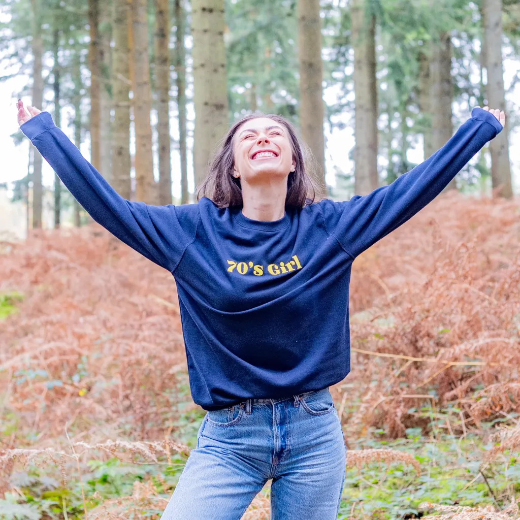 70's, 80's. 90's Girl Yellow embroidery on Navy Sweatshirt