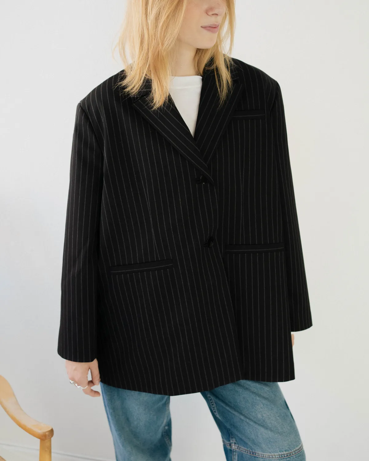 Anna Vilma - Stretch Stripe Oversized Blazer - Black