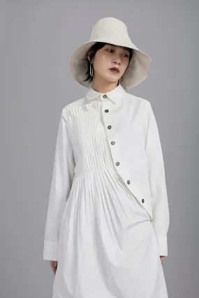 Asymmetric Folding Curved Pleated Middle Long Shirt Tunic-BB852