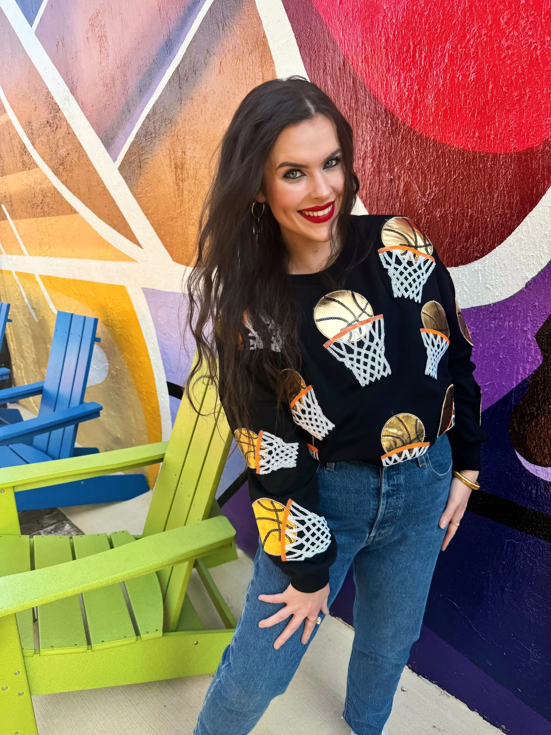 Black Embroidered Basketball Sweatshirt