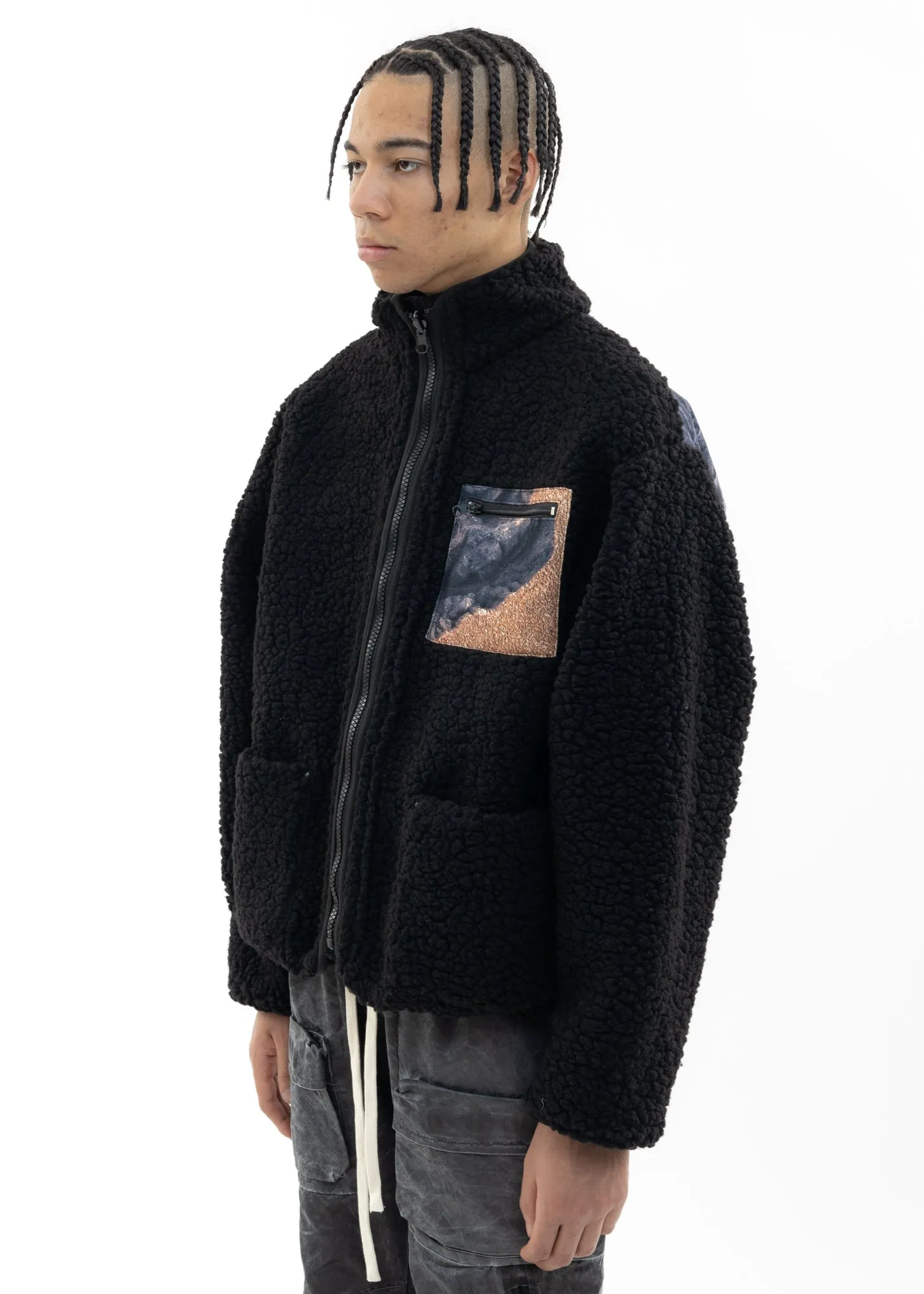 Black Logo Printed Reversible Fleece Jacket