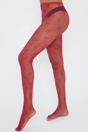 Bow Fishnet Tights in Burgundy Red
