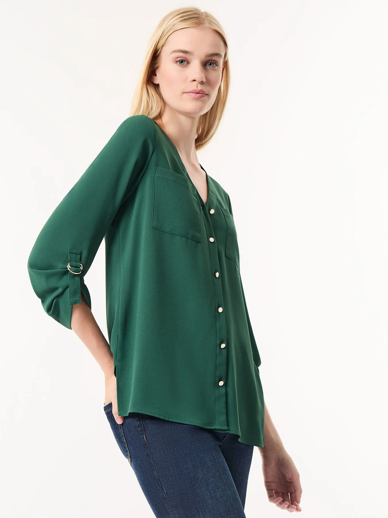 Button-Front Collarless Tunic, Crepe De Chine