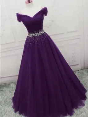Charming Off Shoulder Dark Purple Tulle Long Prom with Sequins, Dark Purple Formal Graduation Evening