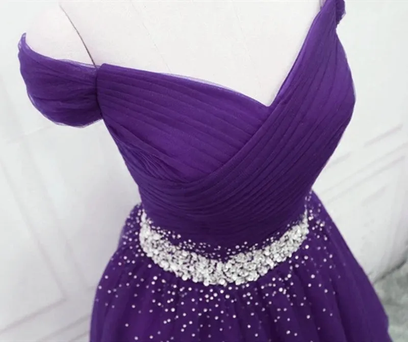 Charming Off Shoulder Dark Purple Tulle Long Prom with Sequins, Dark Purple Formal Graduation Evening