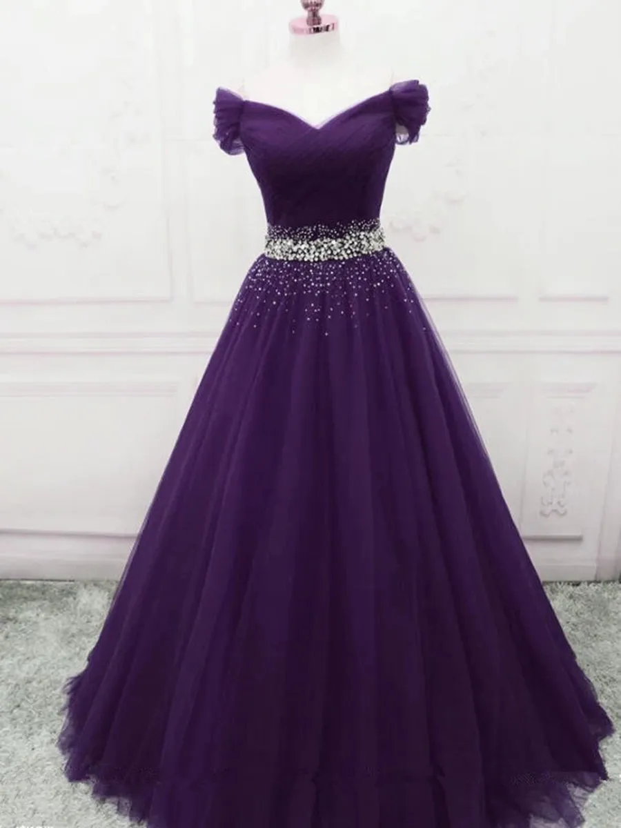 Charming Off Shoulder Dark Purple Tulle Long Prom with Sequins, Dark Purple Formal Graduation Evening