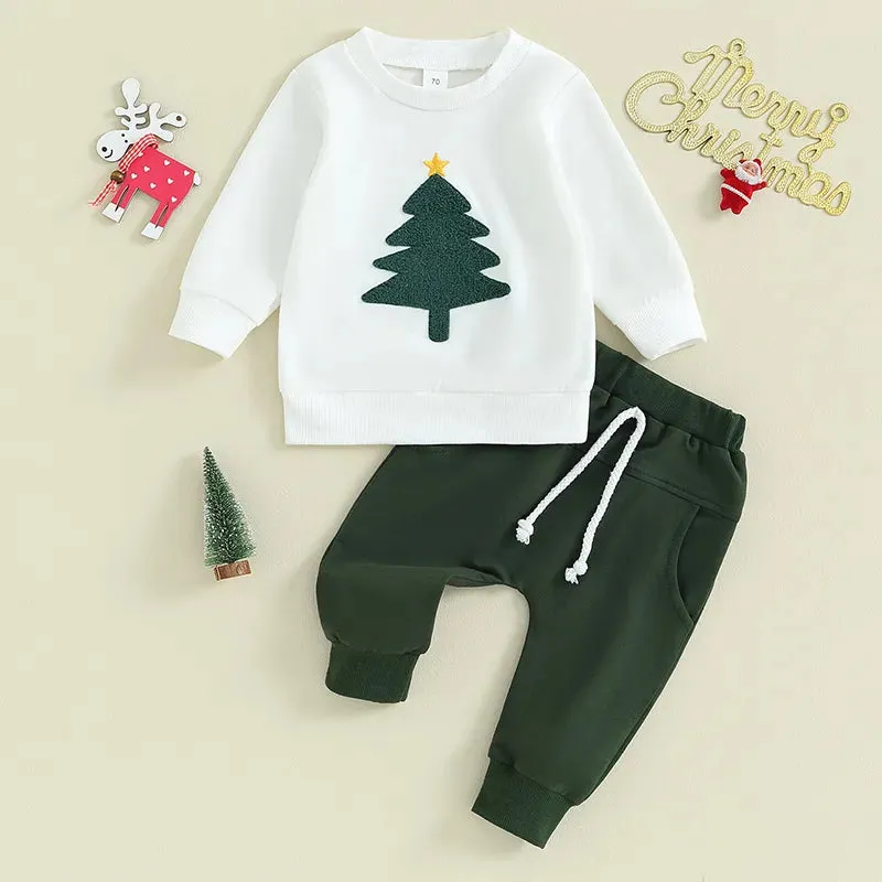 Christmas Tree Cozy Duo: Long Sleeve Sweatshirt and Pants Set