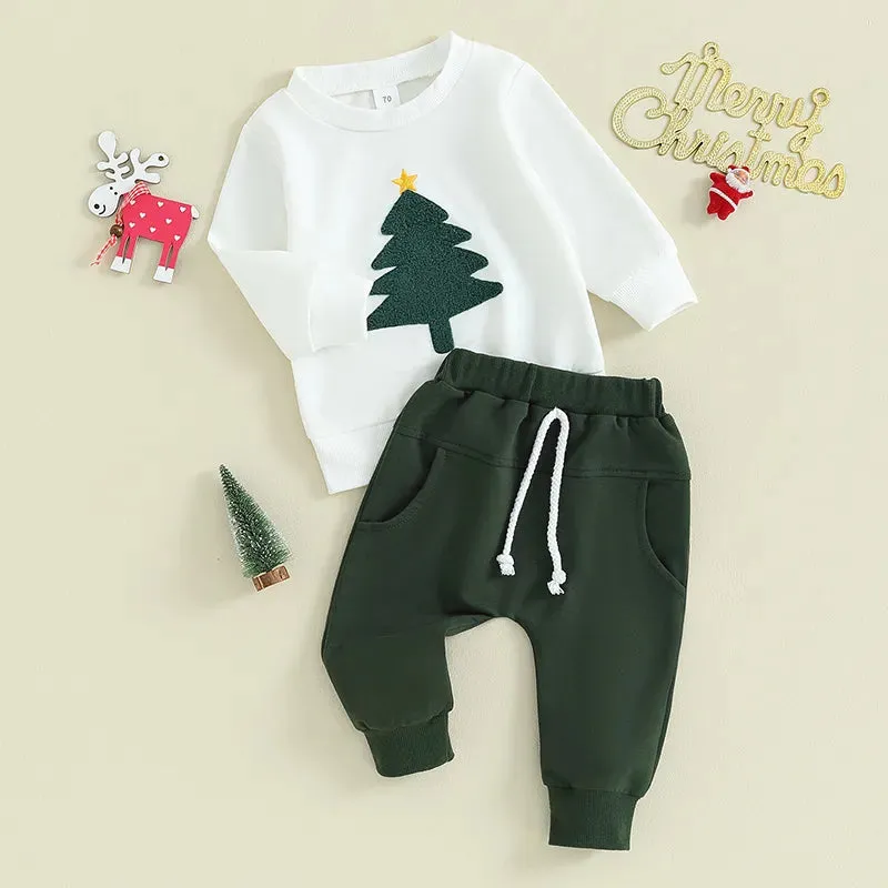Christmas Tree Cozy Duo: Long Sleeve Sweatshirt and Pants Set