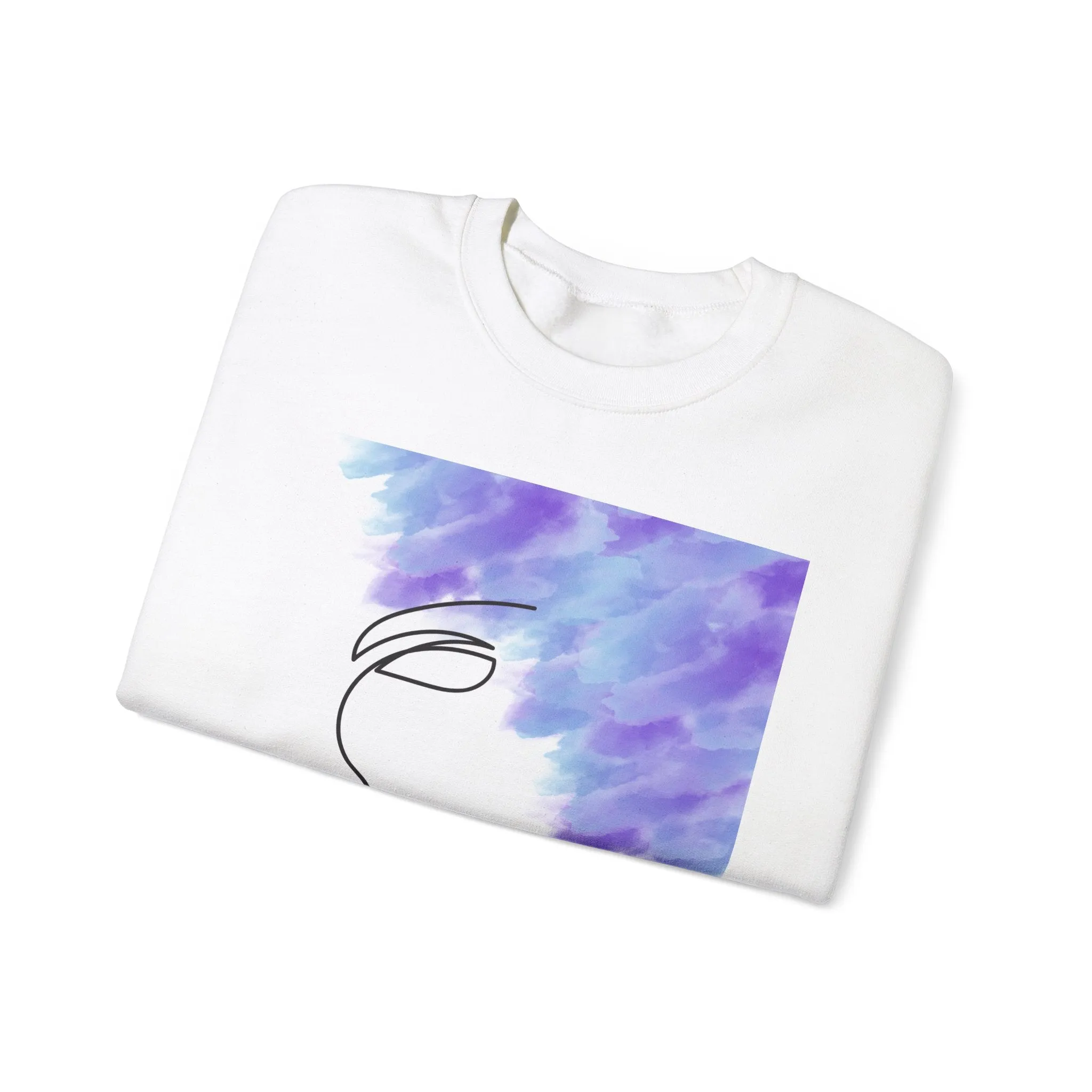 Crewneck Sweatshirt - Facial Line Art with Vibrant Purple Watercolor Splash Design