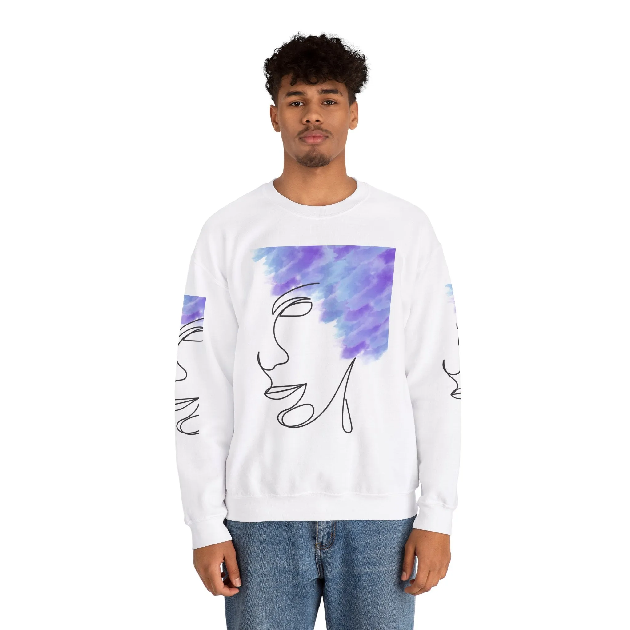 Crewneck Sweatshirt - Facial Line Art with Vibrant Purple Watercolor Splash Design