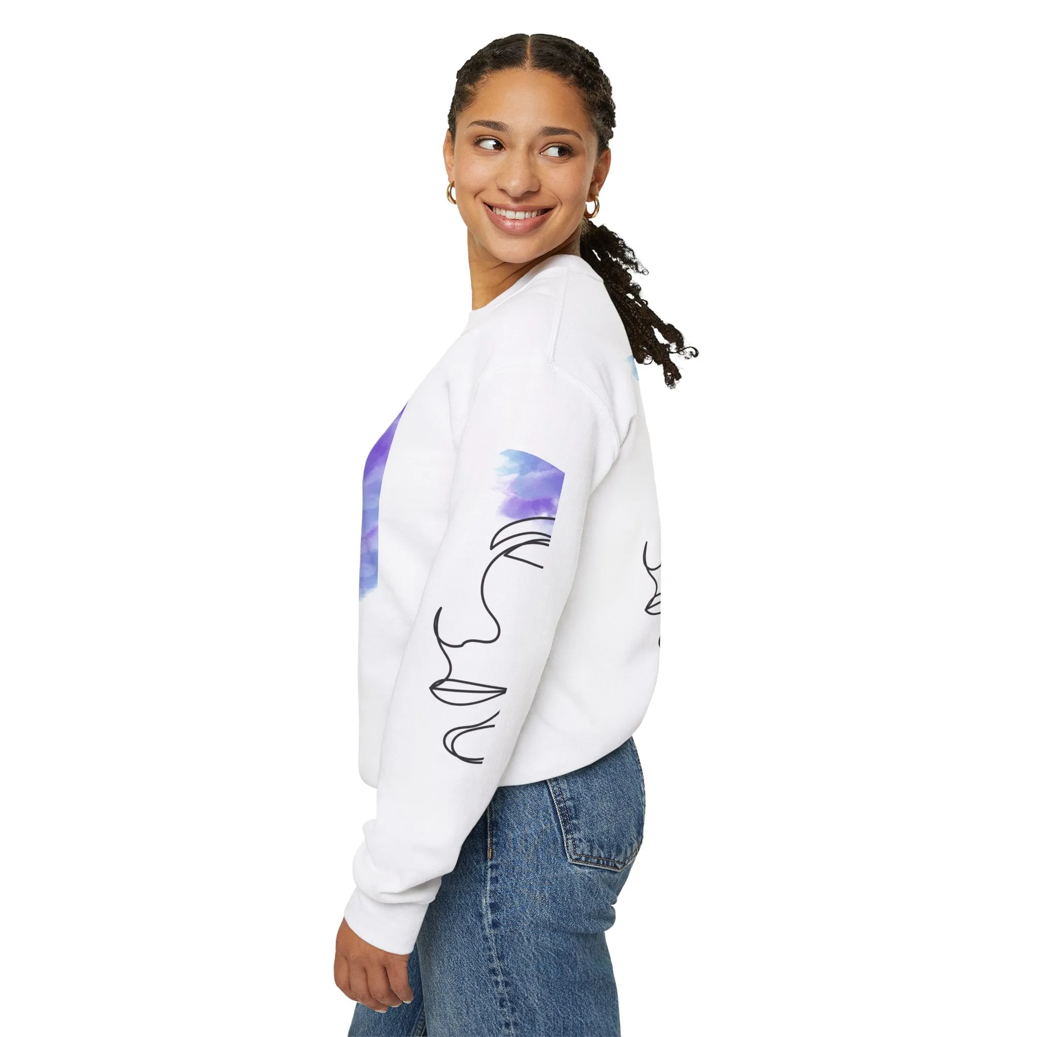 Crewneck Sweatshirt - Facial Line Art with Vibrant Purple Watercolor Splash Design
