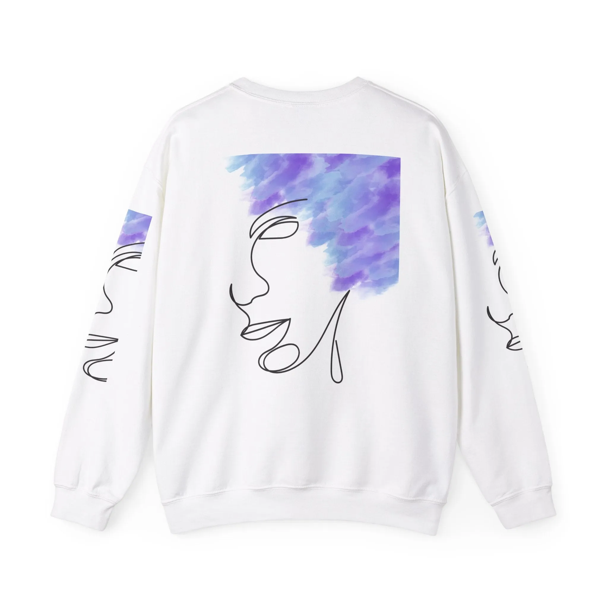 Crewneck Sweatshirt - Facial Line Art with Vibrant Purple Watercolor Splash Design