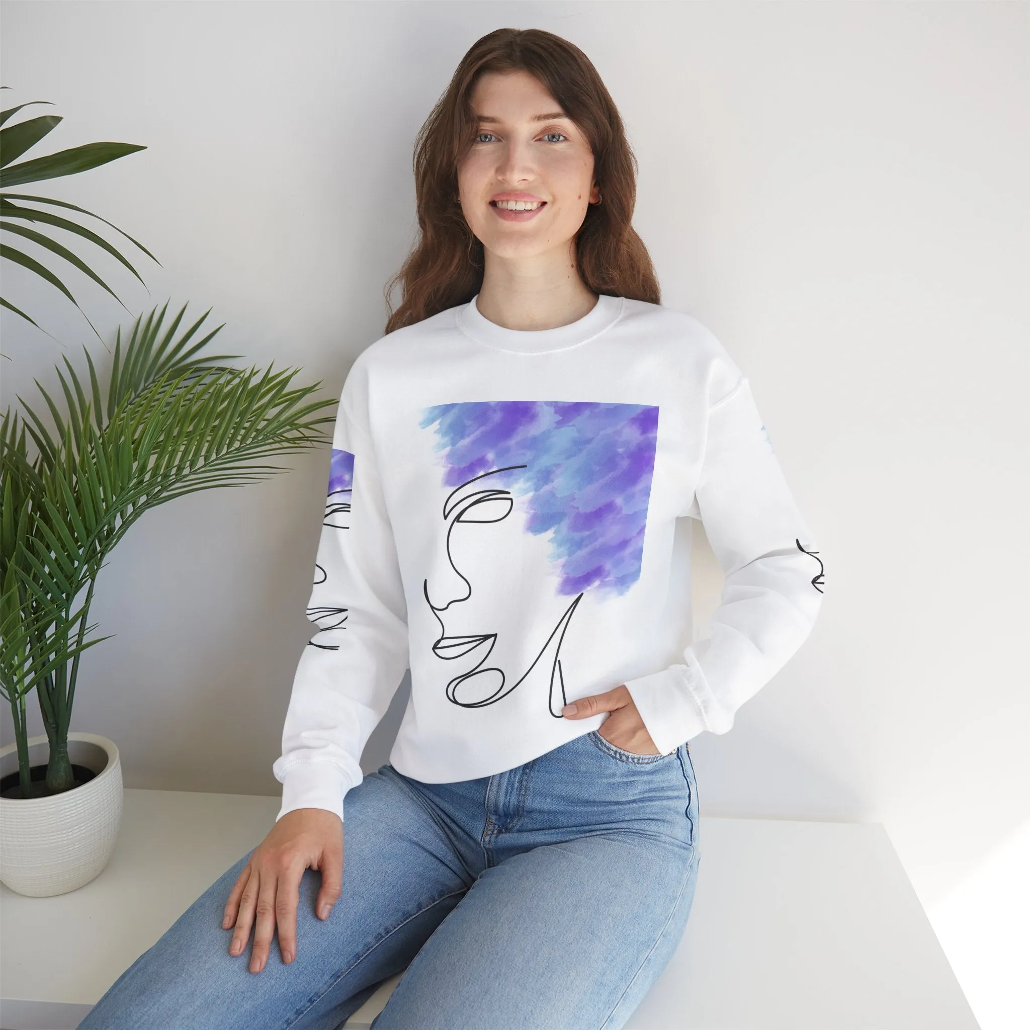 Crewneck Sweatshirt - Facial Line Art with Vibrant Purple Watercolor Splash Design