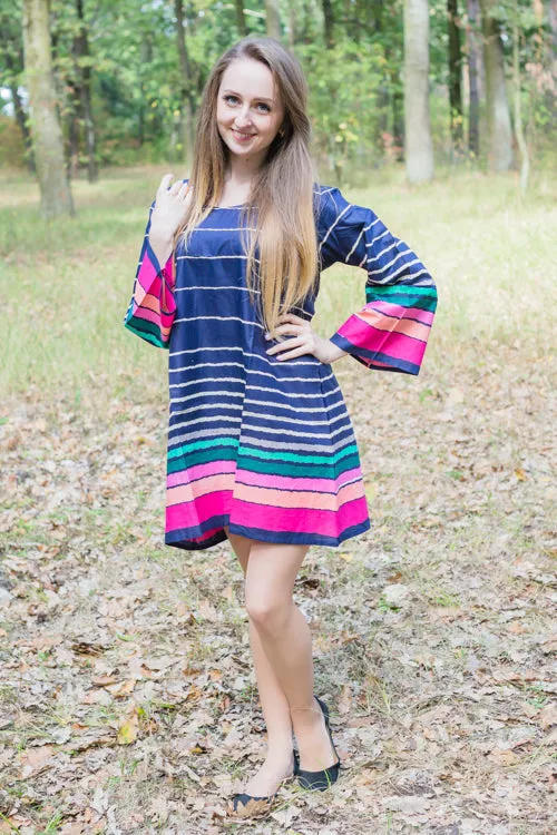 Dark Blue Bella Tunic Style Caftan in Multicolored Stripes Pattern