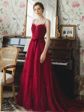 Elegant Burgundy Tulle Long Prom, Unique Burgundy Formal Graduation Evening