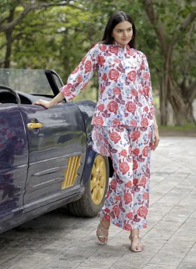 Floral Print Kurti Set in Pure Muslin Fabric