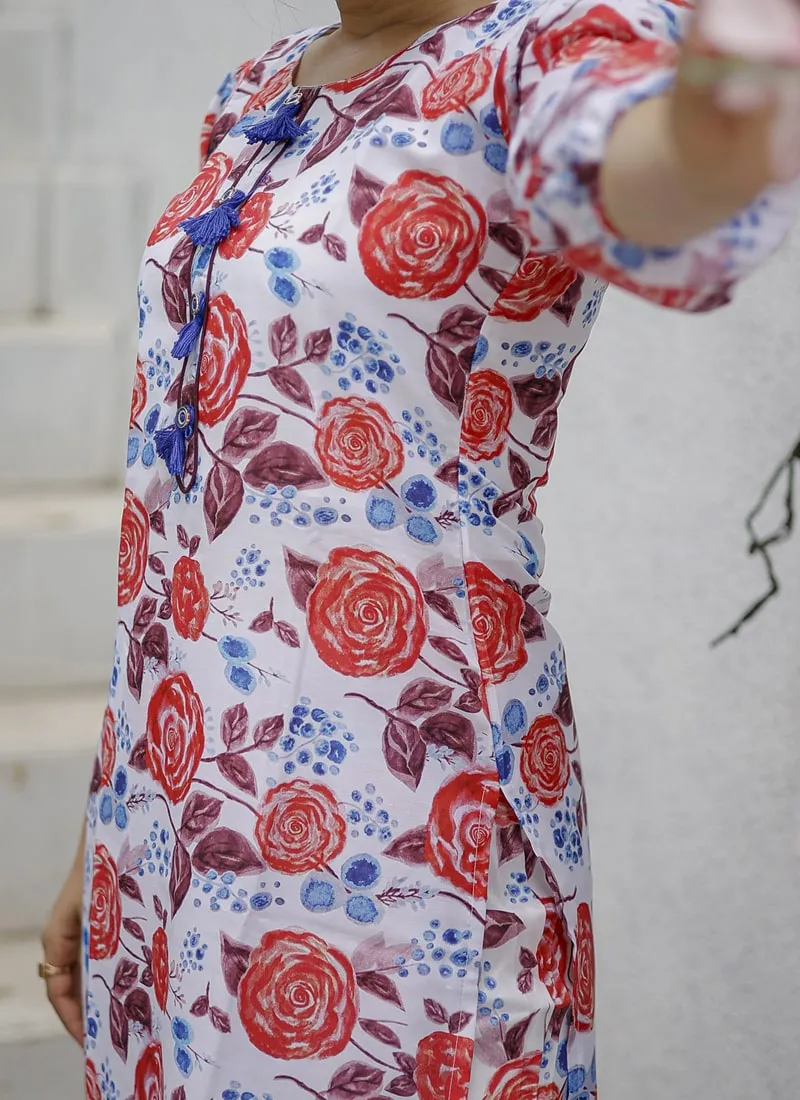 Floral Print Kurti Set in Pure Muslin Fabric