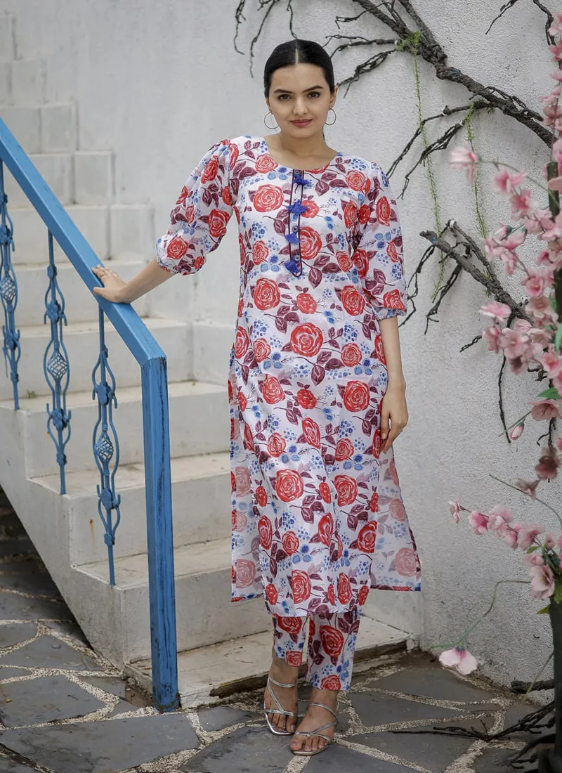 Floral Print Kurti Set in Pure Muslin Fabric