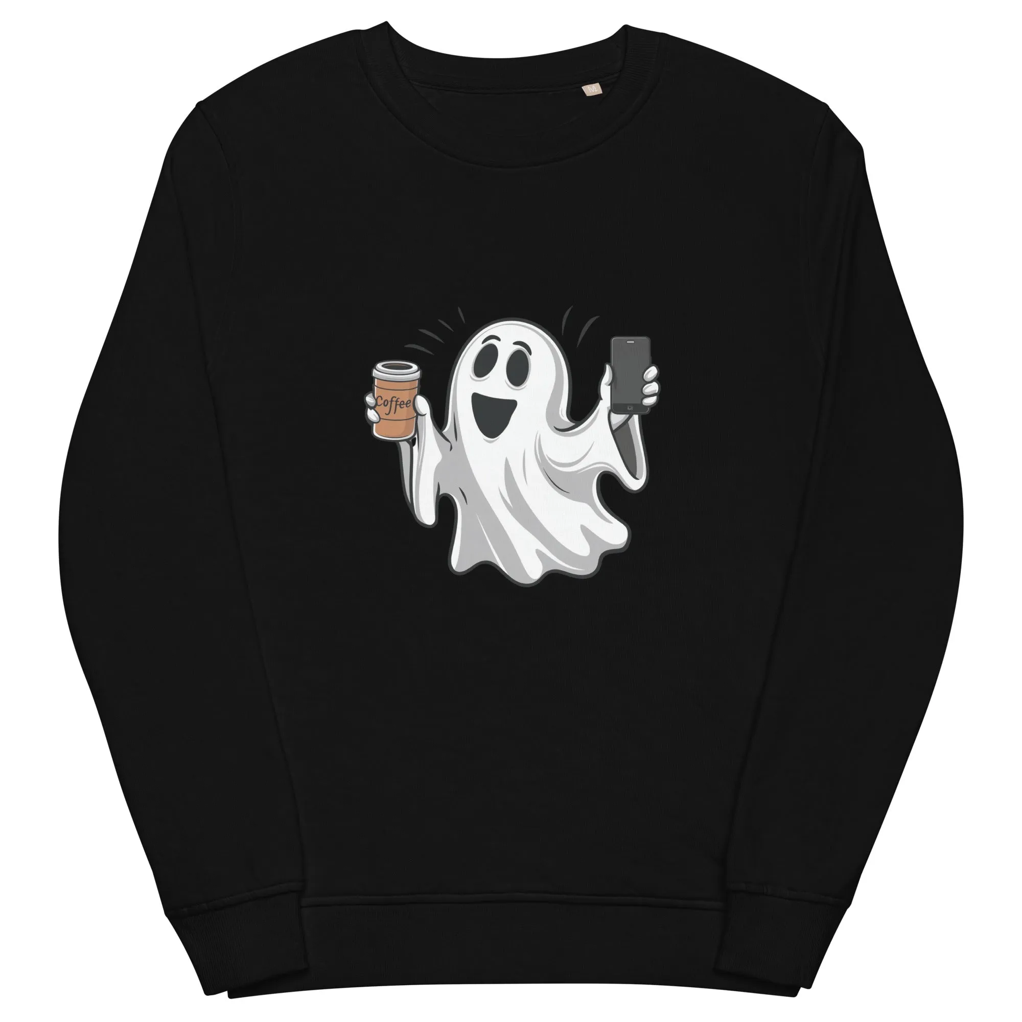 Ghost with Coffee Halloween Graphic Women Organic Sweatshirt