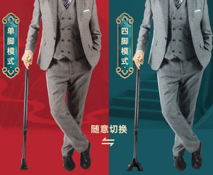 Gift box with dragon and phoenix head carbon fiber anti slip telescopic four legged walking stick and cane
