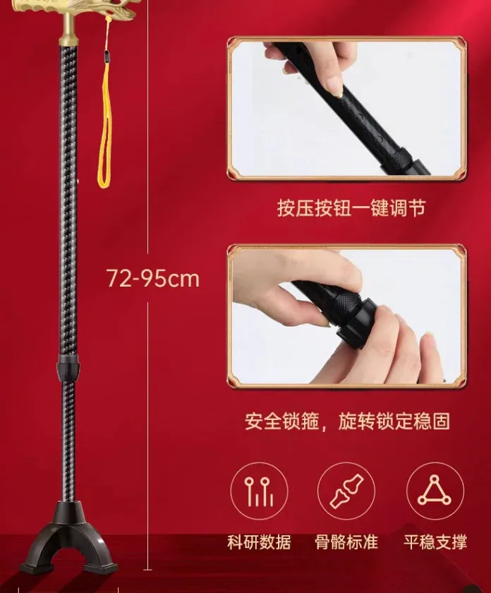 Gift box with dragon and phoenix head carbon fiber anti slip telescopic four legged walking stick and cane