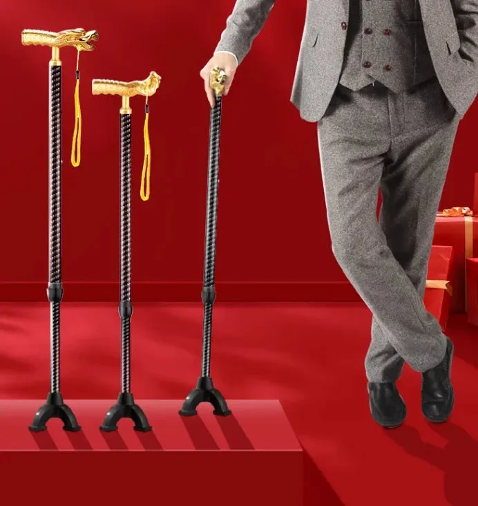 Gift box with dragon and phoenix head carbon fiber anti slip telescopic four legged walking stick and cane