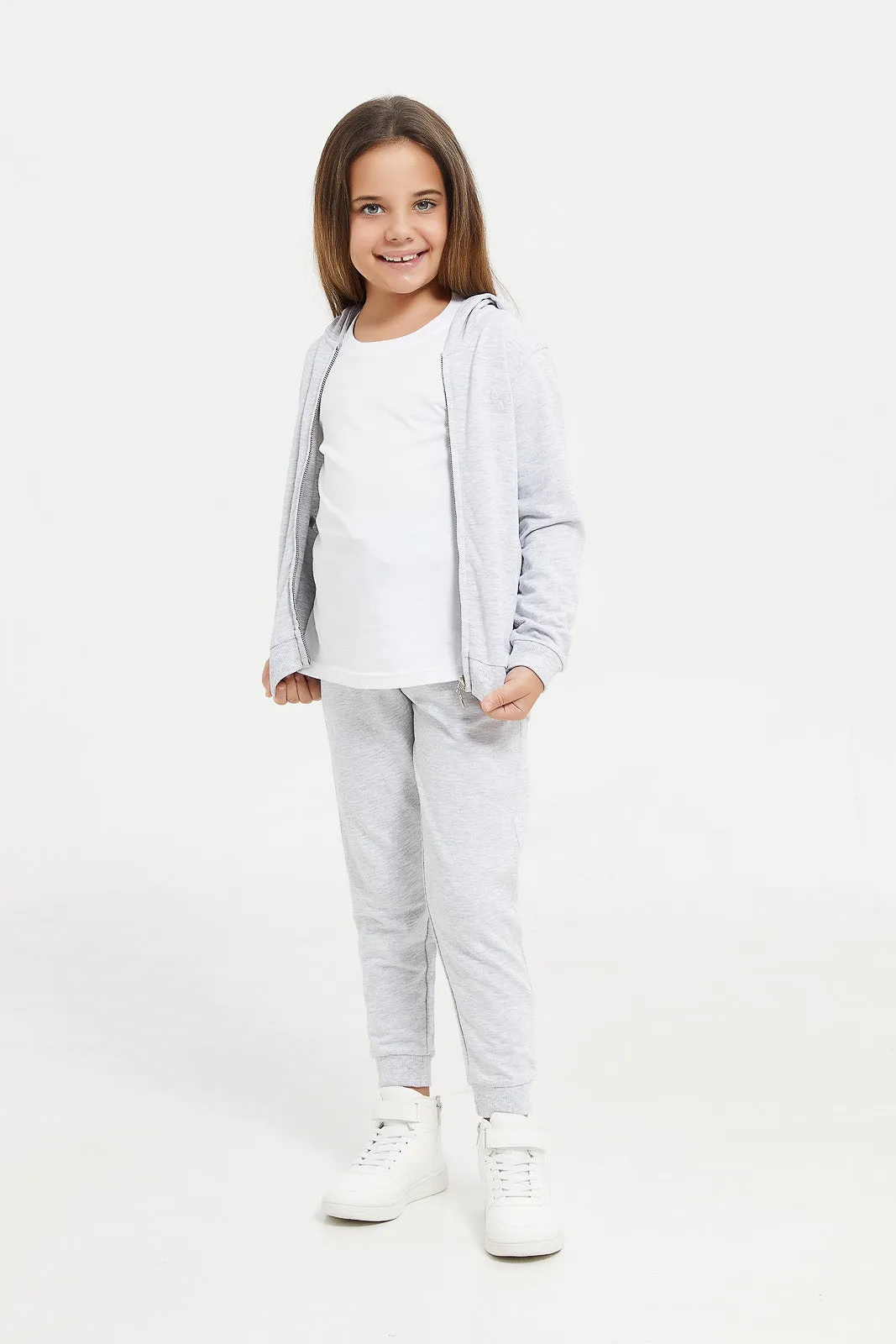 Girls Grey Hooded Sweatshirt With Pocket And Zipper