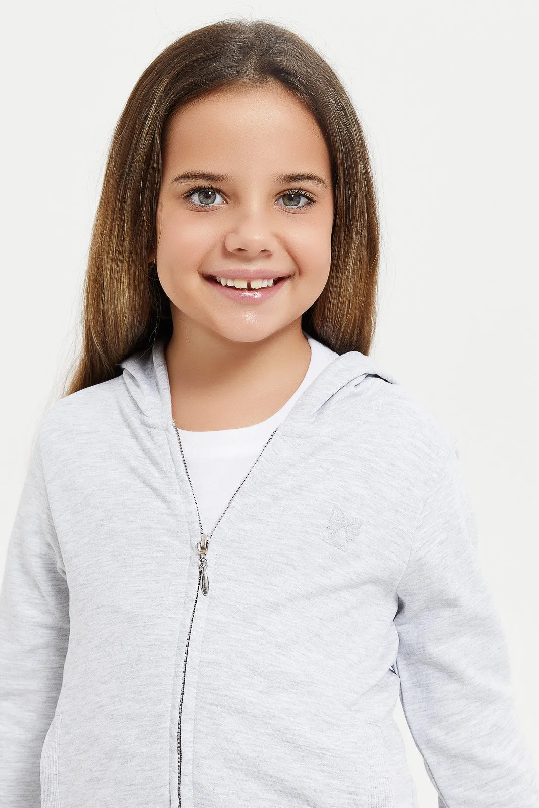 Girls Grey Hooded Sweatshirt With Pocket And Zipper