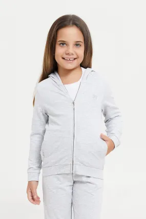 Girls Grey Hooded Sweatshirt With Pocket And Zipper