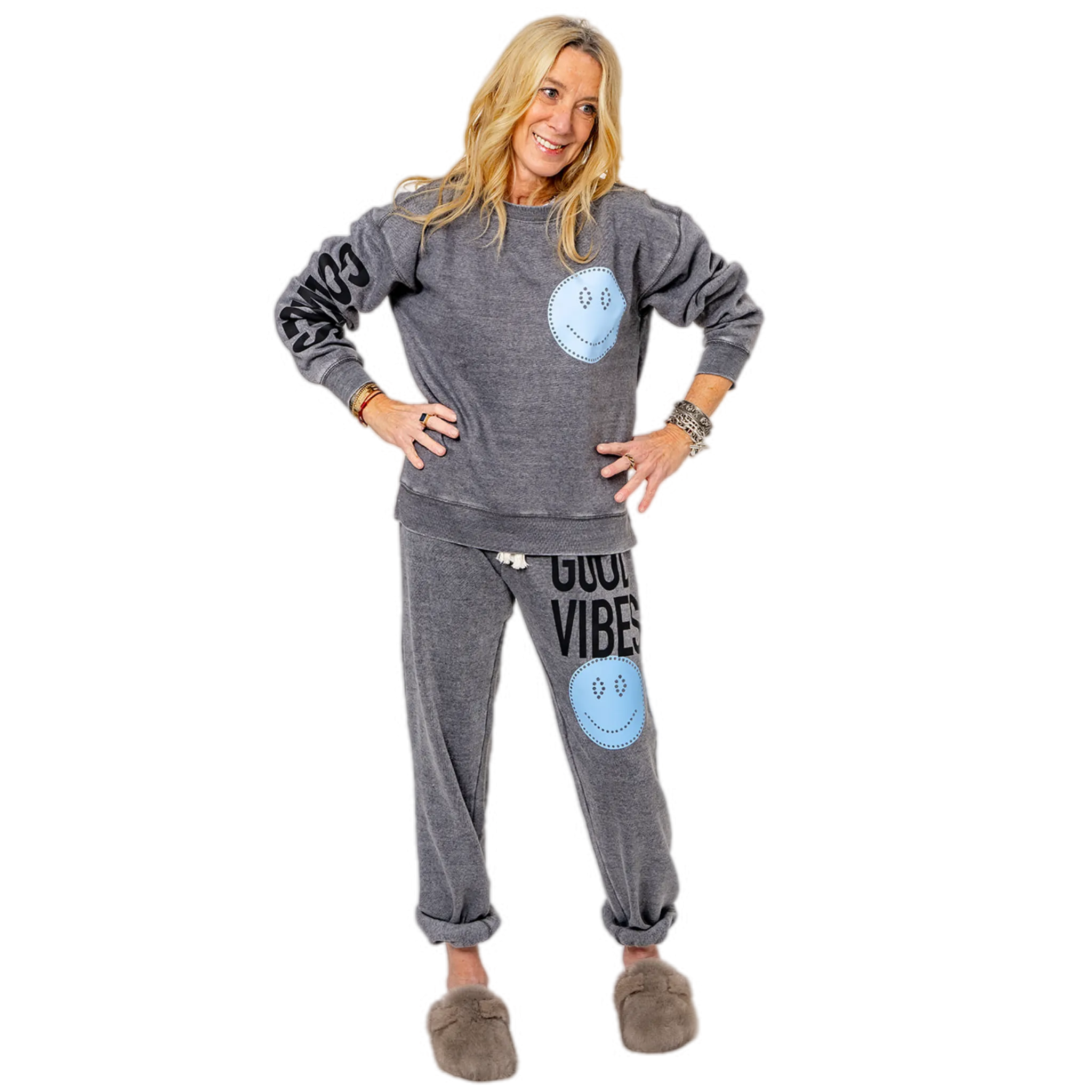 Good Vibes Blue Smile Grey Crew Sweatshirt