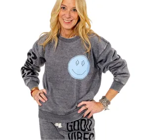 Good Vibes Blue Smile Grey Crew Sweatshirt