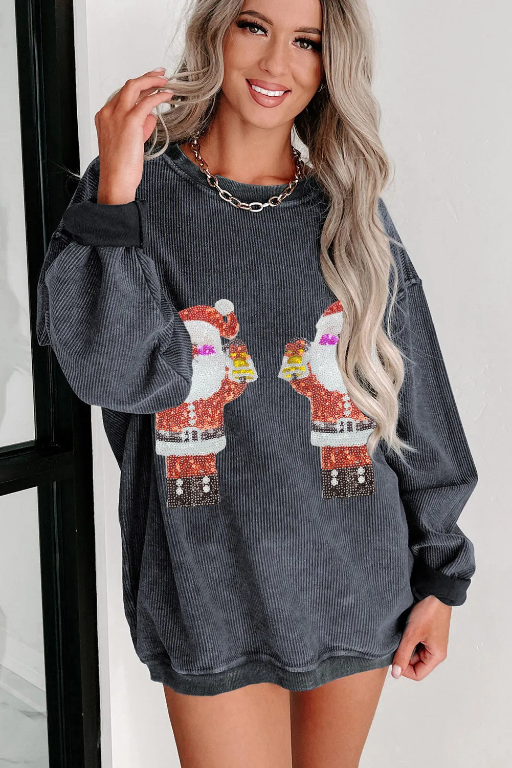 Gray Santa Claus Graphic Corded Crewneck Sweatshirt