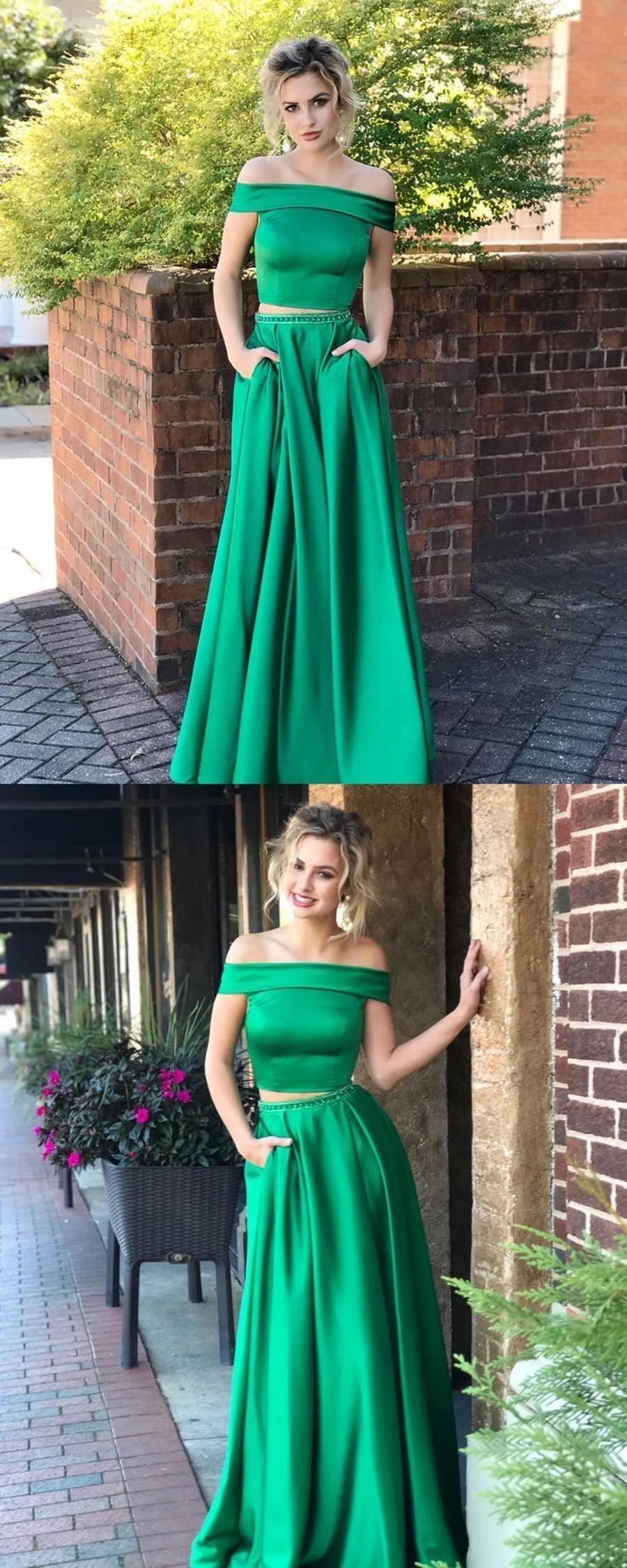 Green Two Pieces Off Shoulder Satin Long Prom with Pocket, Two Pieces Green Formal, Green Evening