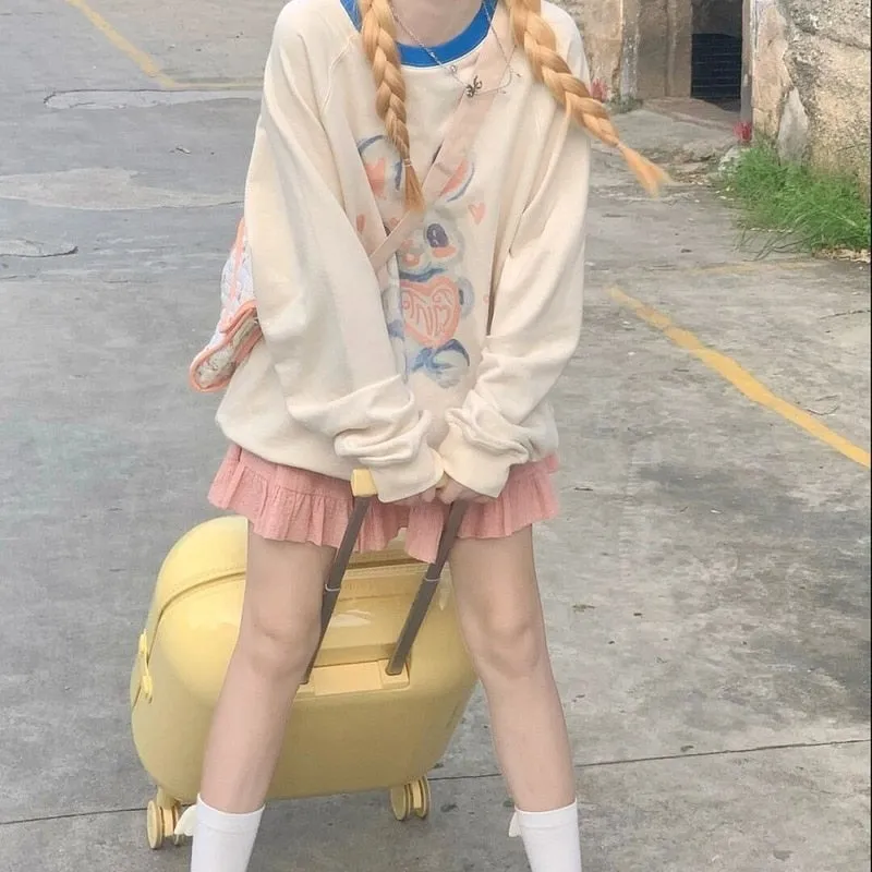 Kawaii Cartoon Bunny Love Print Casual Sweatshirt - Stylish and Adorable