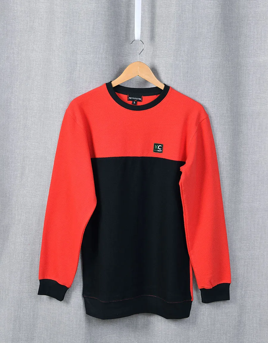KC Men's Crew Neck Panel Popcorn Sweatshirt  -Black/Orange