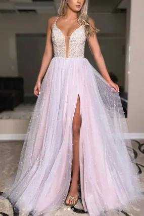 Light Pink Deep V Neck Backless Beaded Long Prom Dress, Shiny Light Pink Formal Evening Dress