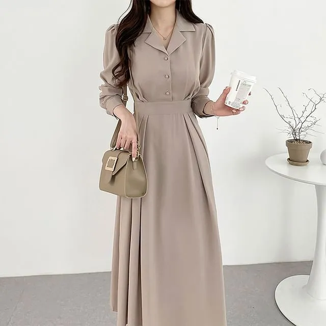 Long-Sleeve Plain Midi A-Line Shirt Dress