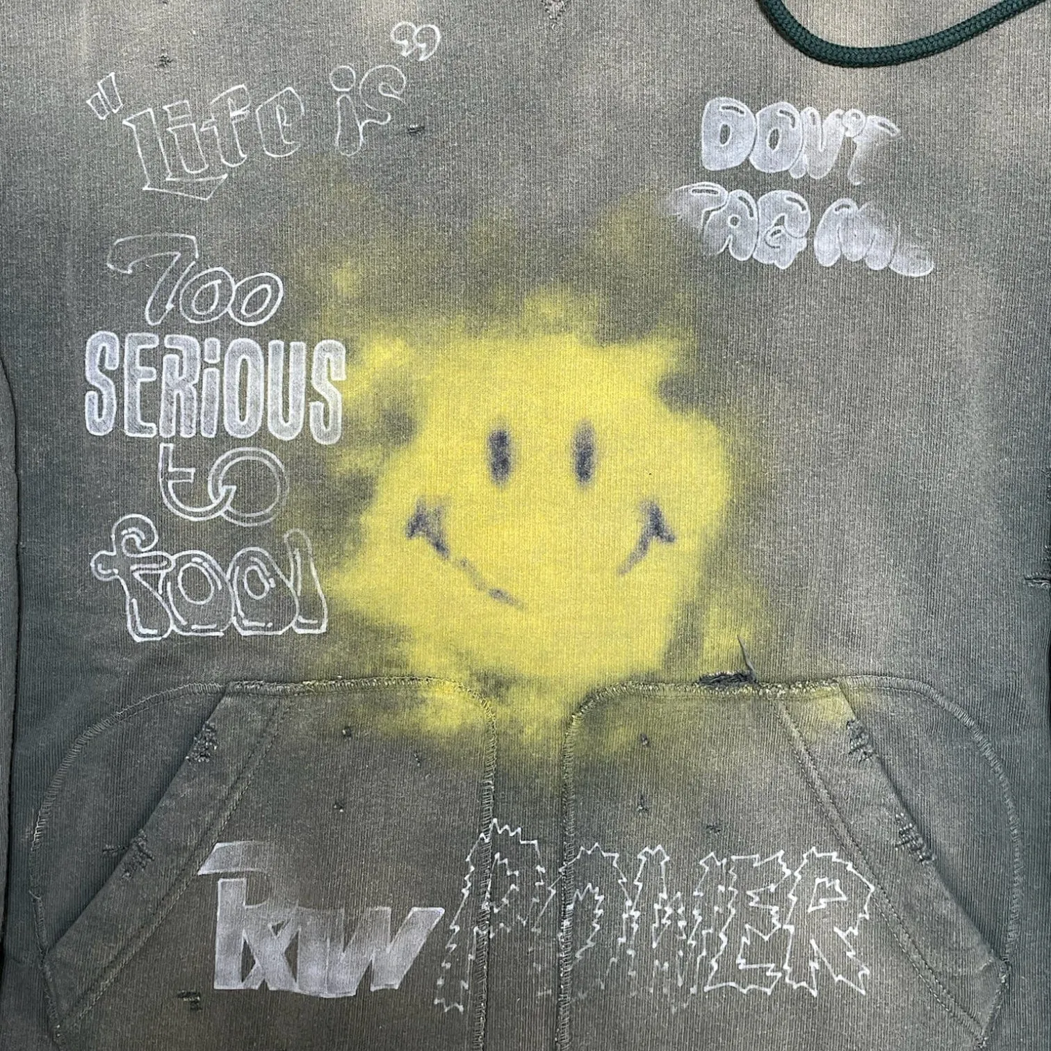 Maison Mihara Yasuhiro Distressed Smiley Face Hooded Sweatshirt Green