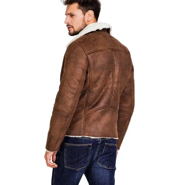 Men's Winter Warm Faux Suede Leather Jacket With Turn-Down Fur Collar