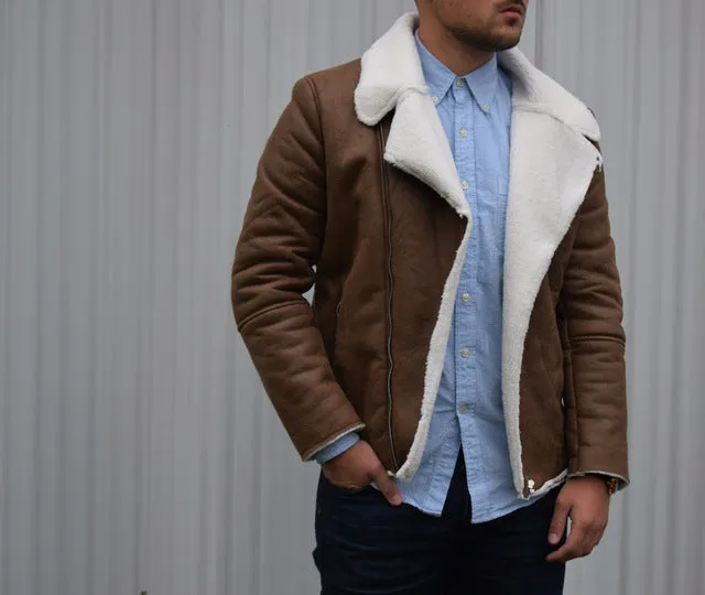 Men's Winter Warm Faux Suede Leather Jacket With Turn-Down Fur Collar