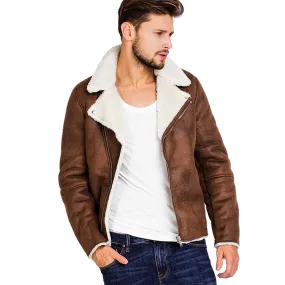 Men's Winter Warm Faux Suede Leather Jacket With Turn-Down Fur Collar