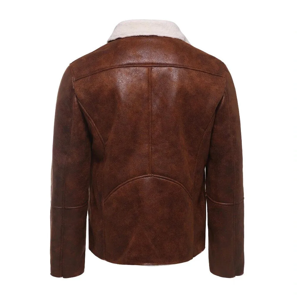 Men's Winter Warm Faux Suede Leather Jacket With Turn-Down Fur Collar