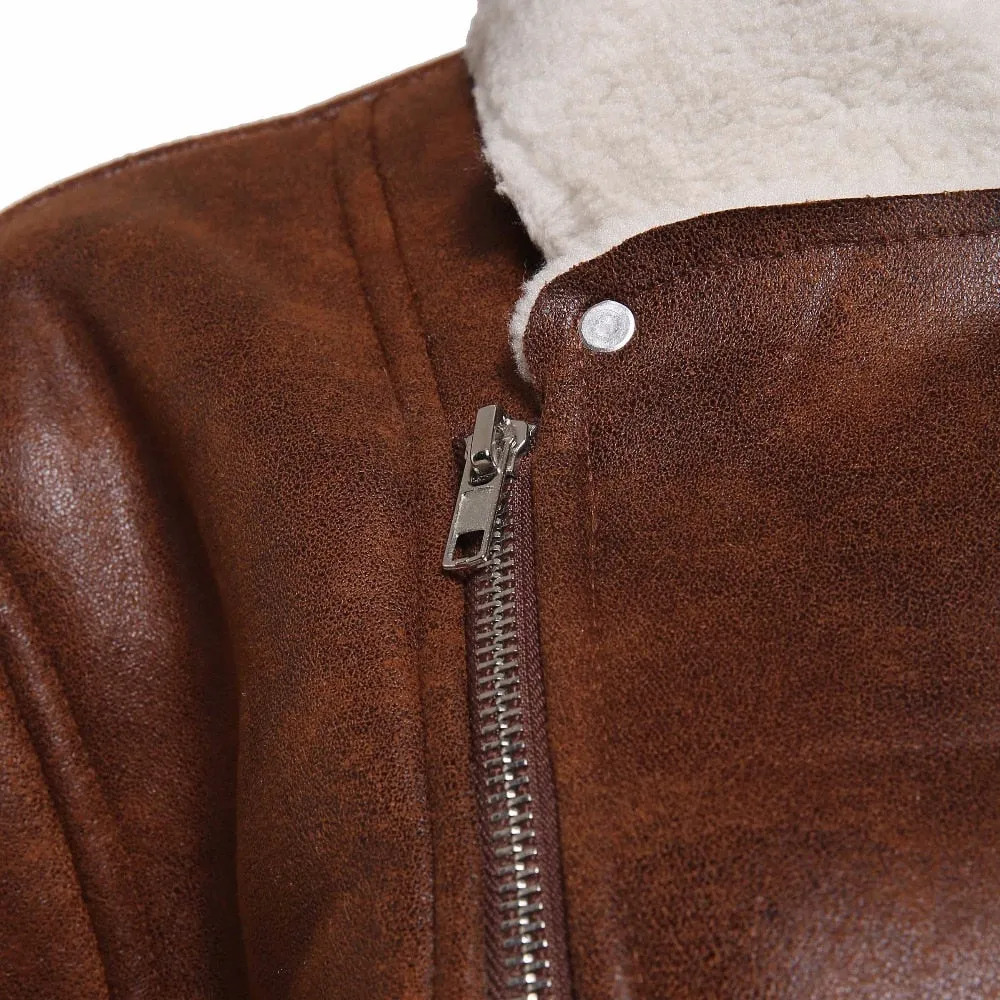Men's Winter Warm Faux Suede Leather Jacket With Turn-Down Fur Collar