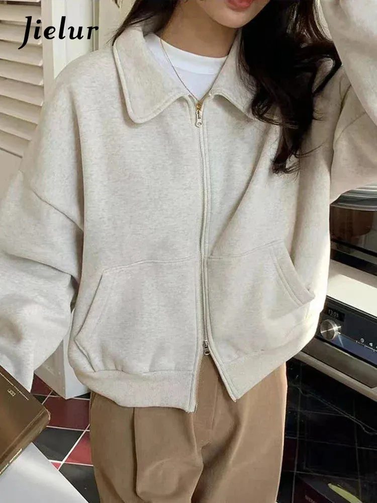 Metaversmall Thick Pure Color Polo Neck Female Hoodies Fashion Office Ladies Chic Zipper Pockets Casual Simple Women's Sweatshirts