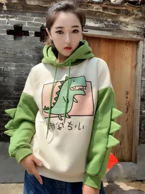 Metaversmall Women Dinosaur Sweatshirts Hooded Warm Fleece Hoodies Pullovers With Horns Harajuku  Girls Teens Green Hoodie