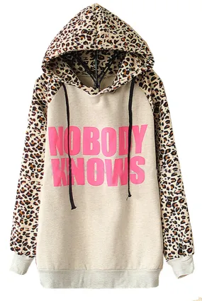 New Latest Autumn Hoodies Women Sweatshirt Fashion Pullovers Light Grey NOBODY KNOWS Print Hooded Leopard Casual Sweatshirt