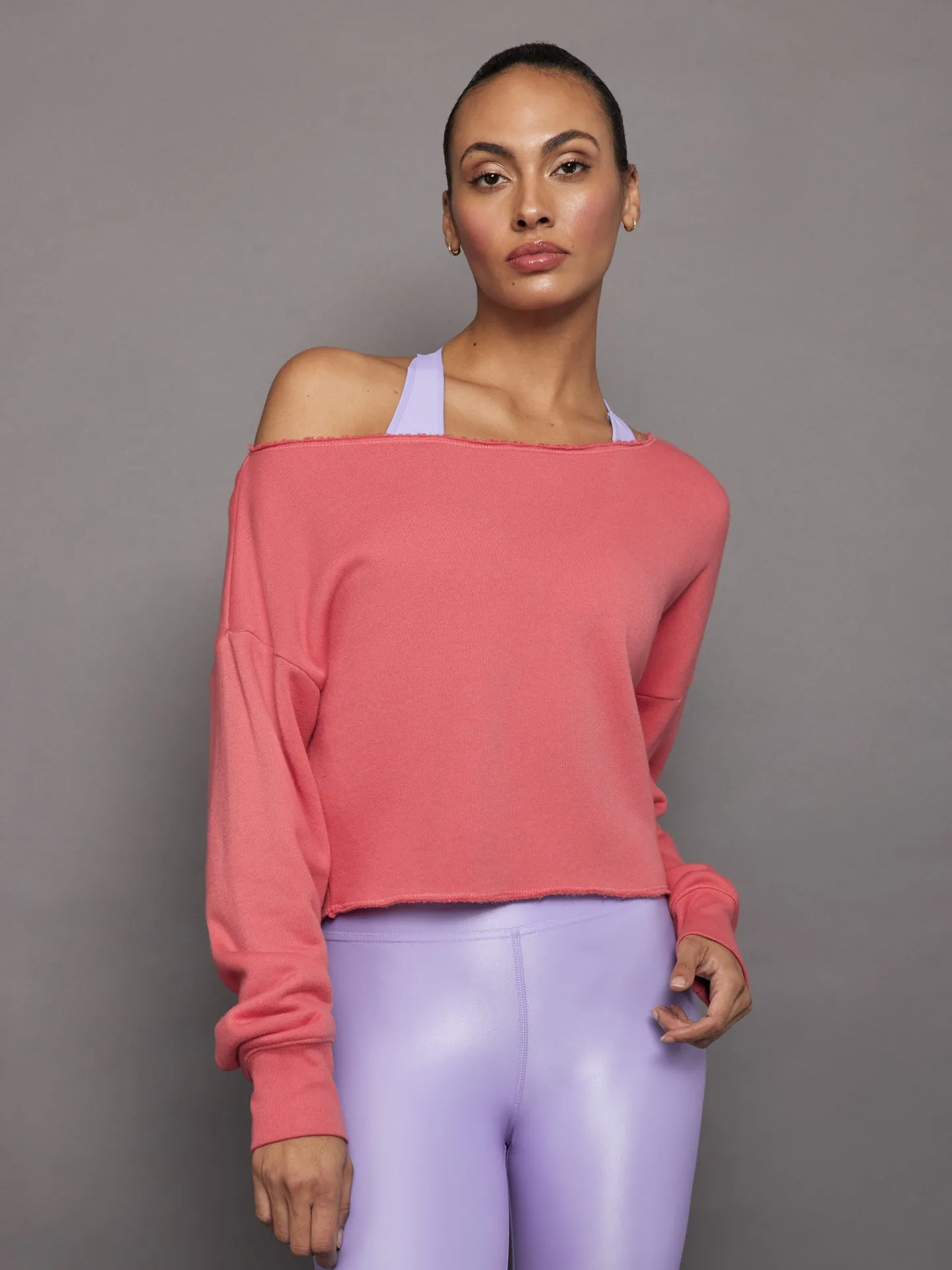 Off Shoulder Raw Edge Sweatshirt in French Terry - Honeysuckle