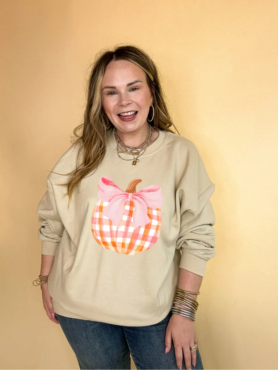 Online Exclusive | Charming Orange and White Plaid Pumpkin with Pink Bow Graphic Sweatshirt in Multiple Color Options