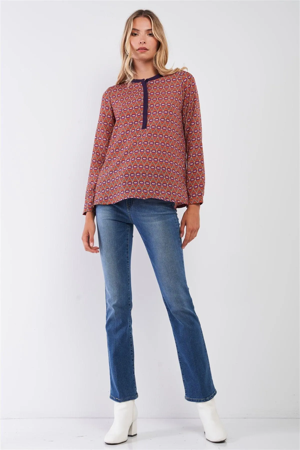 Orange Multi Abstract Print Long Sleeve High Neck Relaxed Fit Tunic Top /1-2-2-1