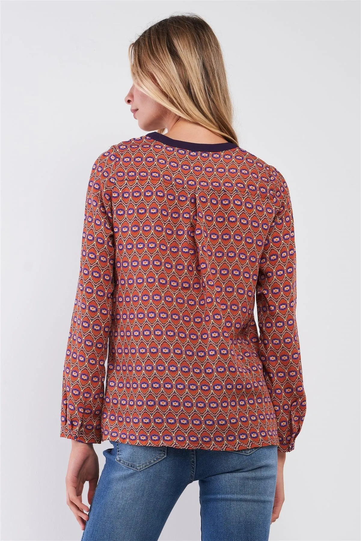 Orange Multi Abstract Print Long Sleeve High Neck Relaxed Fit Tunic Top /1-2-2-1